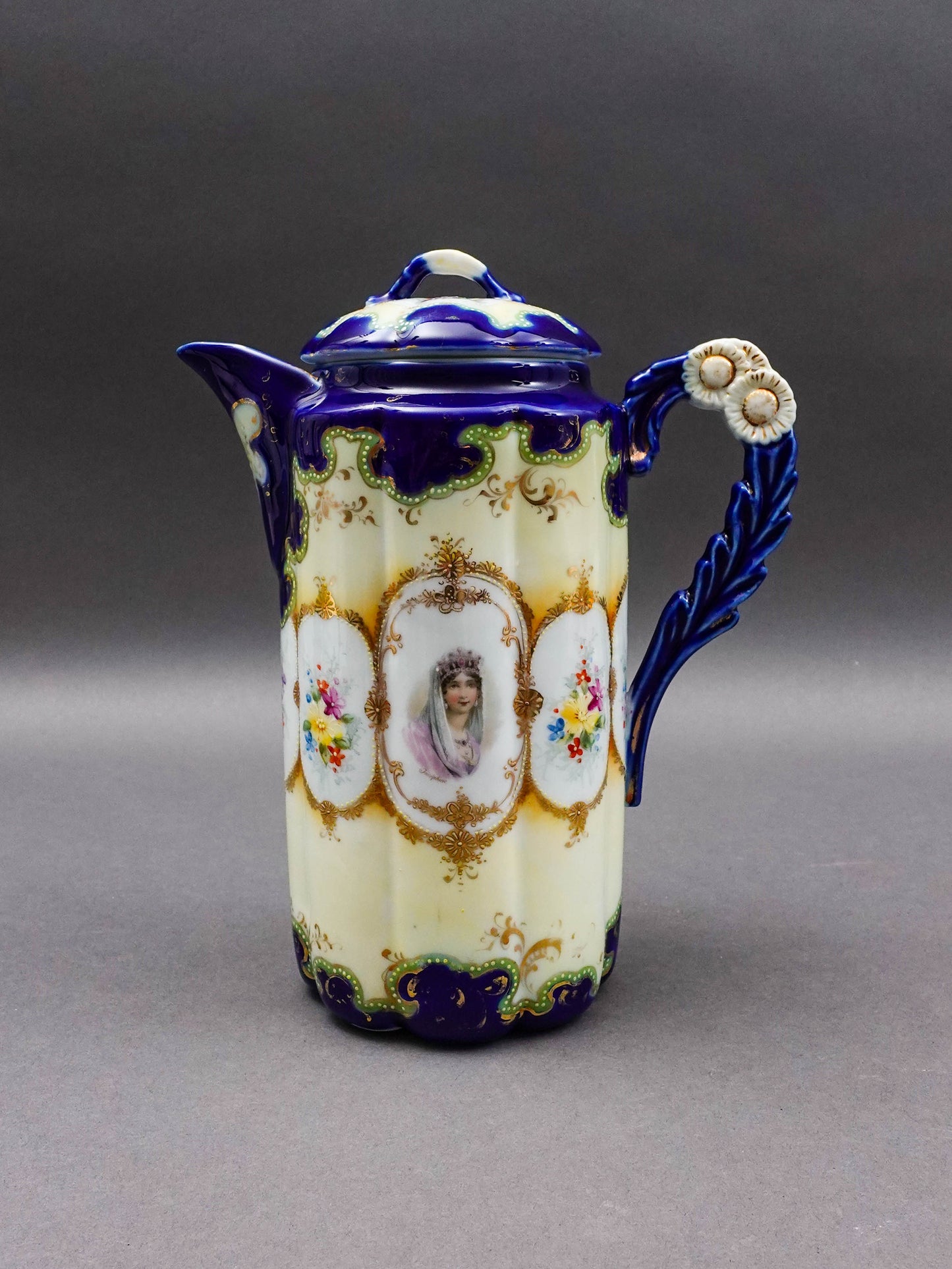 Nippon Antique Hand Painted Josephine Portrait Floral Porcelain Chocolate Pot