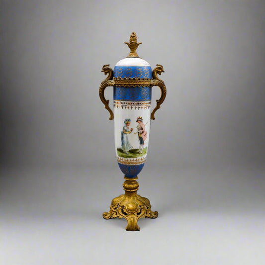 Sevres Style Antique French Hand Painted Porcelain Bronze Ormolu Mounts Urn Vase