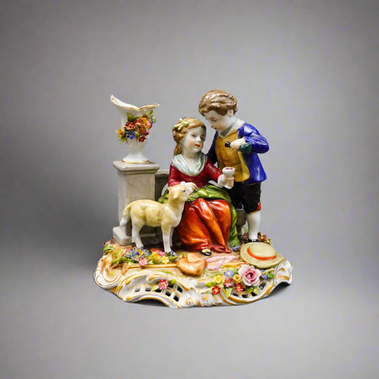 Von Schierholz Germany Antique Boy & Girl With Lamb Porcelain Figurine 275