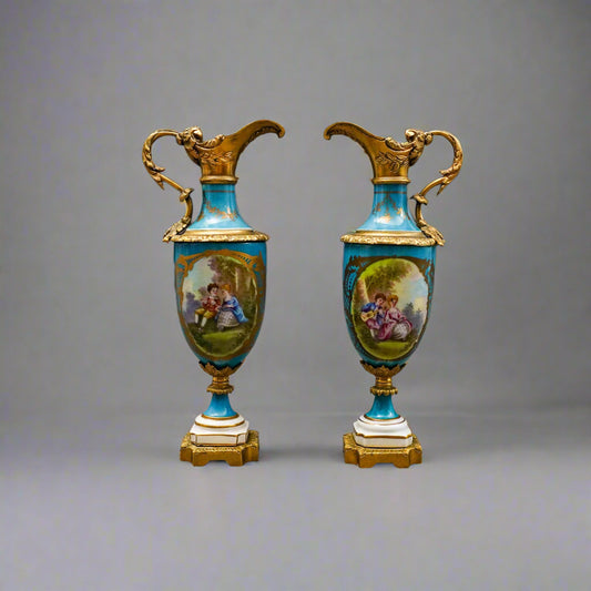 Sevres Style Antique Gold Gilt Bronze Mounted Turquoise Porcelain Ewer Jug Pair