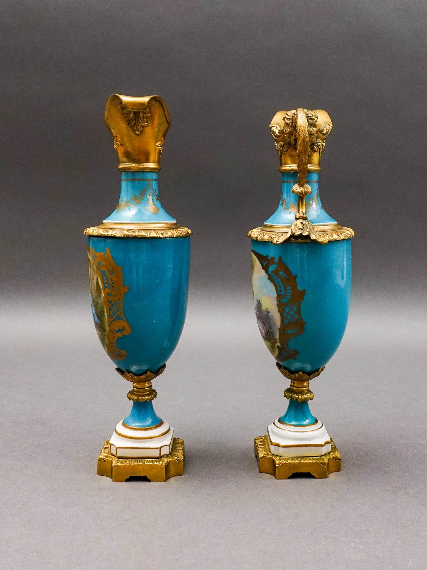 Sevres Style Antique Gold Gilt Bronze Mounted Turquoise Porcelain Ewer Jug Pair