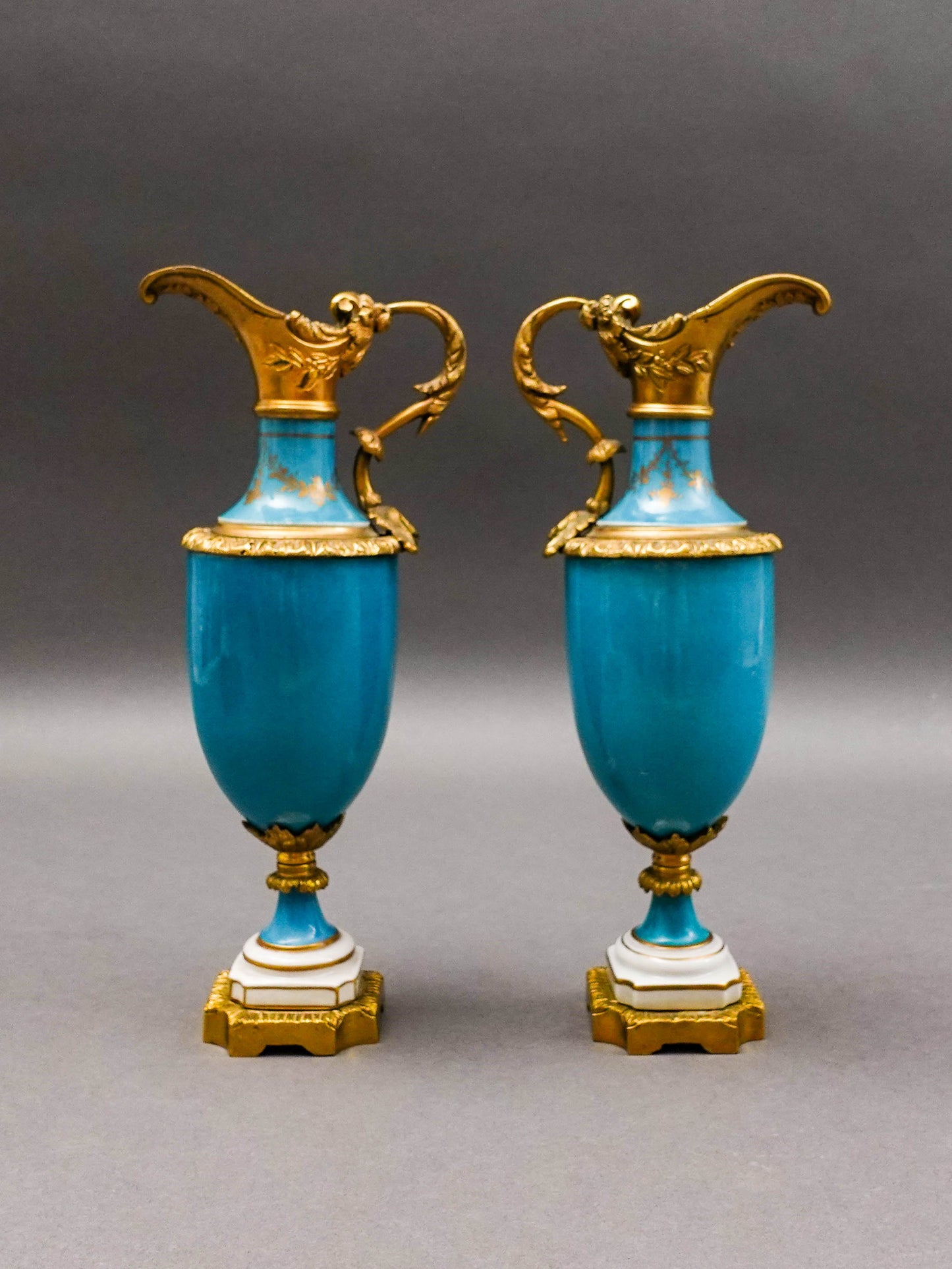 Sevres Style Antique Gold Gilt Bronze Mounted Turquoise Porcelain Ewer Jug Pair