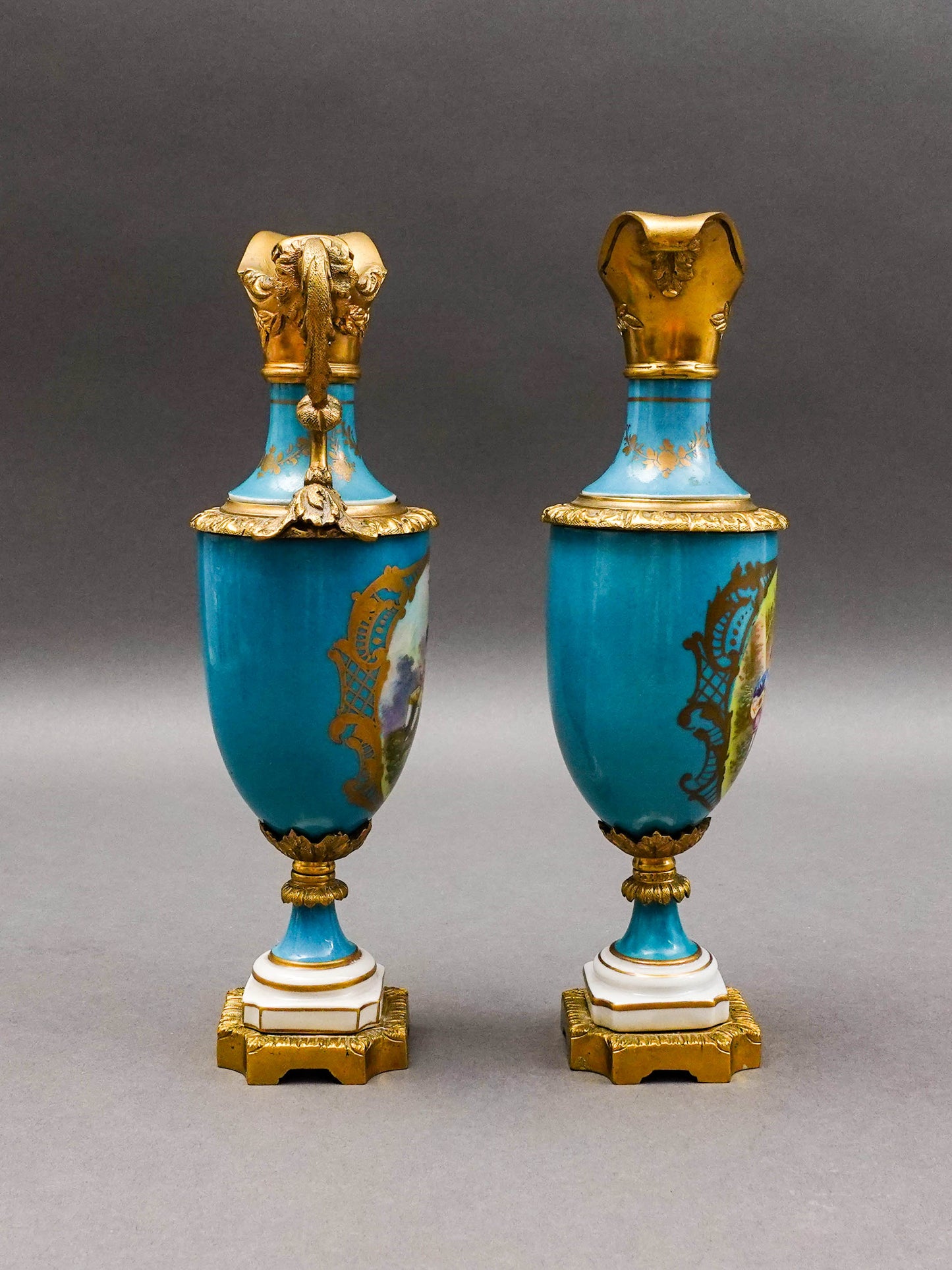Sevres Style Antique Gold Gilt Bronze Mounted Turquoise Porcelain Ewer Jug Pair