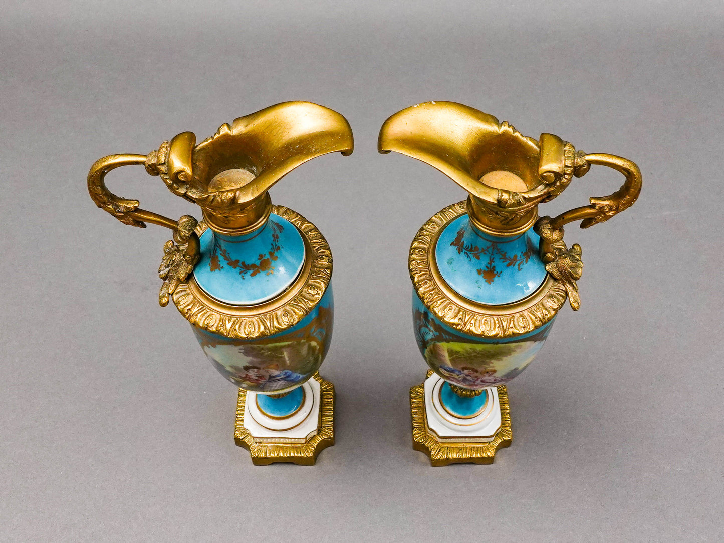 Sevres Style Antique Gold Gilt Bronze Mounted Turquoise Porcelain Ewer Jug Pair