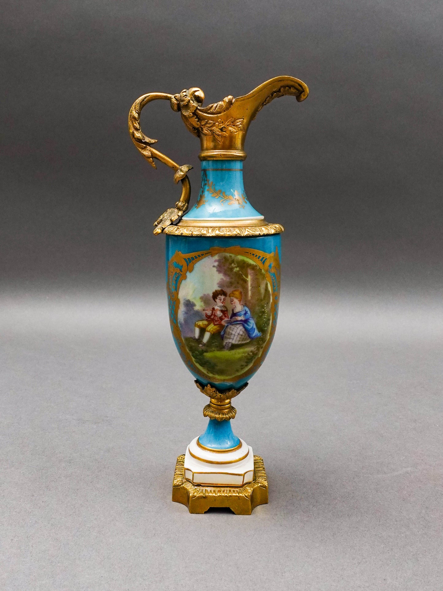 Sevres Style Antique Gold Gilt Bronze Mounted Turquoise Porcelain Ewer Jug Pair