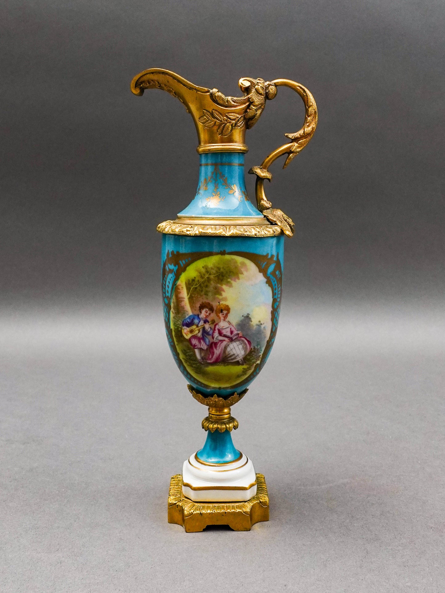 Sevres Style Antique Gold Gilt Bronze Mounted Turquoise Porcelain Ewer Jug Pair