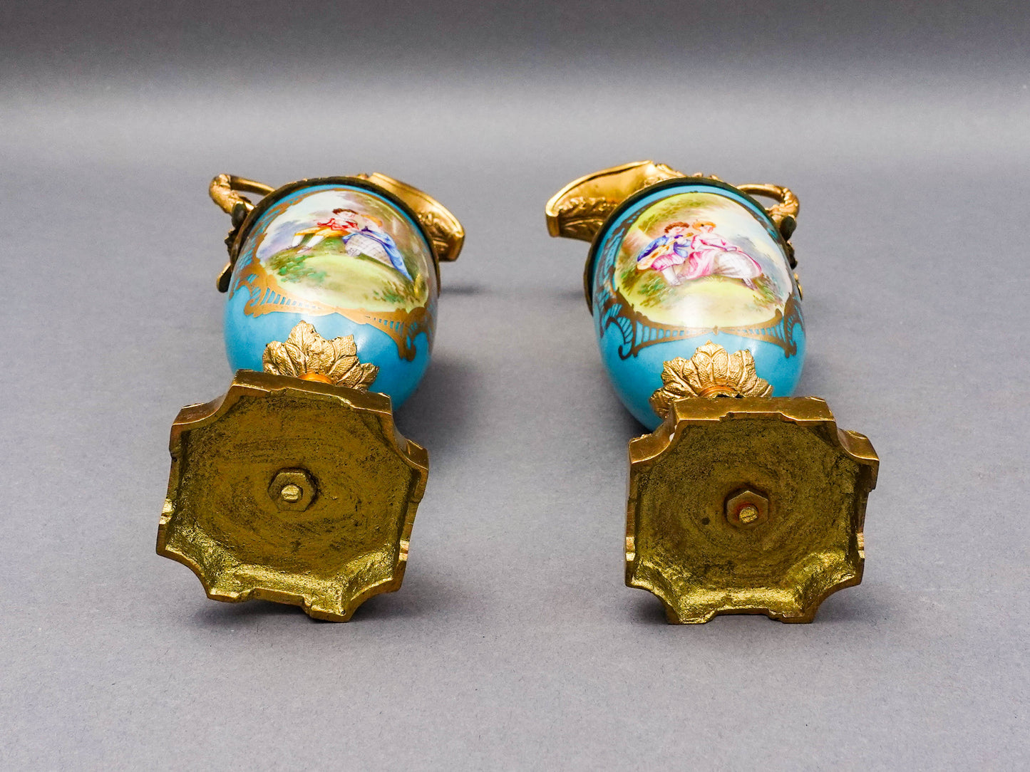 Sevres Style Antique Gold Gilt Bronze Mounted Turquoise Porcelain Ewer Jug Pair