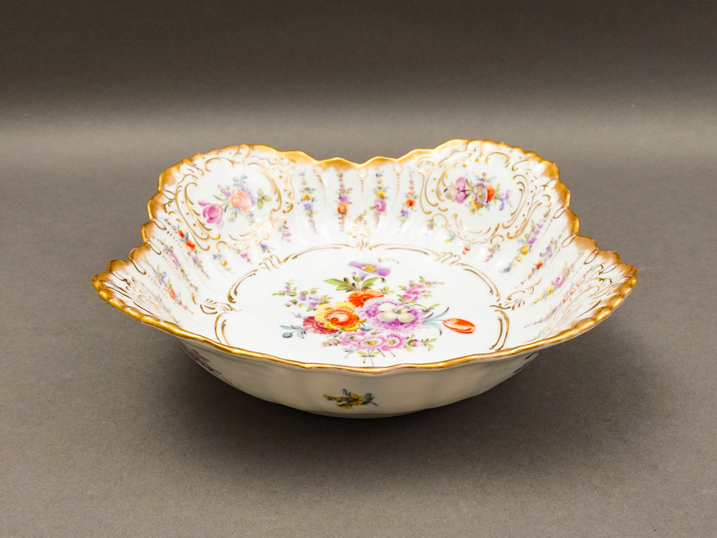 Dresden Germany Antique Franziska Hirsch Scalloped Floral Porcelain Serving Bowl