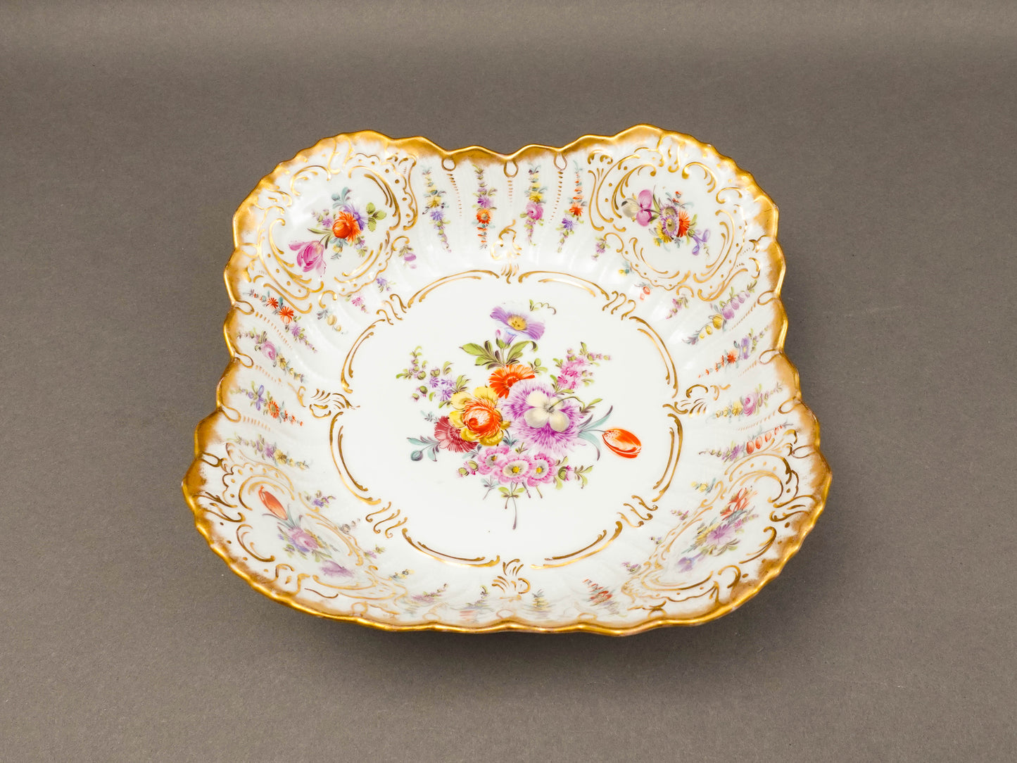 Dresden Germany Antique Franziska Hirsch Scalloped Floral Porcelain Serving Bowl