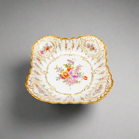 Dresden Germany Antique Franziska Hirsch Scalloped Floral Porcelain Serving Bowl