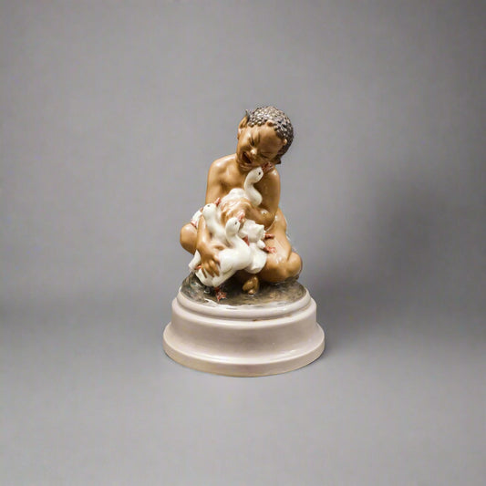 Dahl Jensen Denmark Signed Faun With Ducklings 1198 Porcelain Figurine 9 3/4"