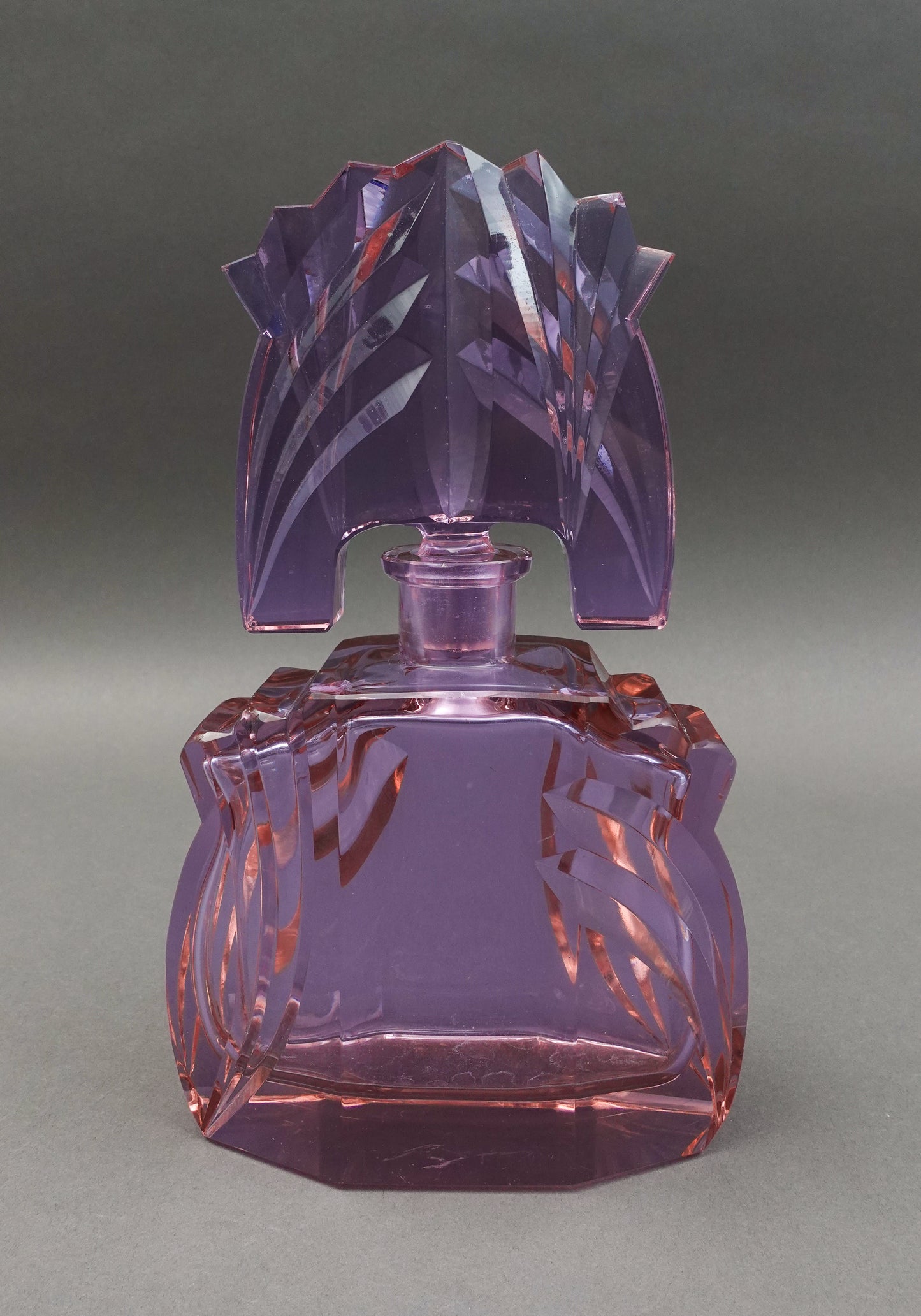 Rare Art Deco Czech Cut Glass Large Perfume Bottle 9 3/4" (Read)