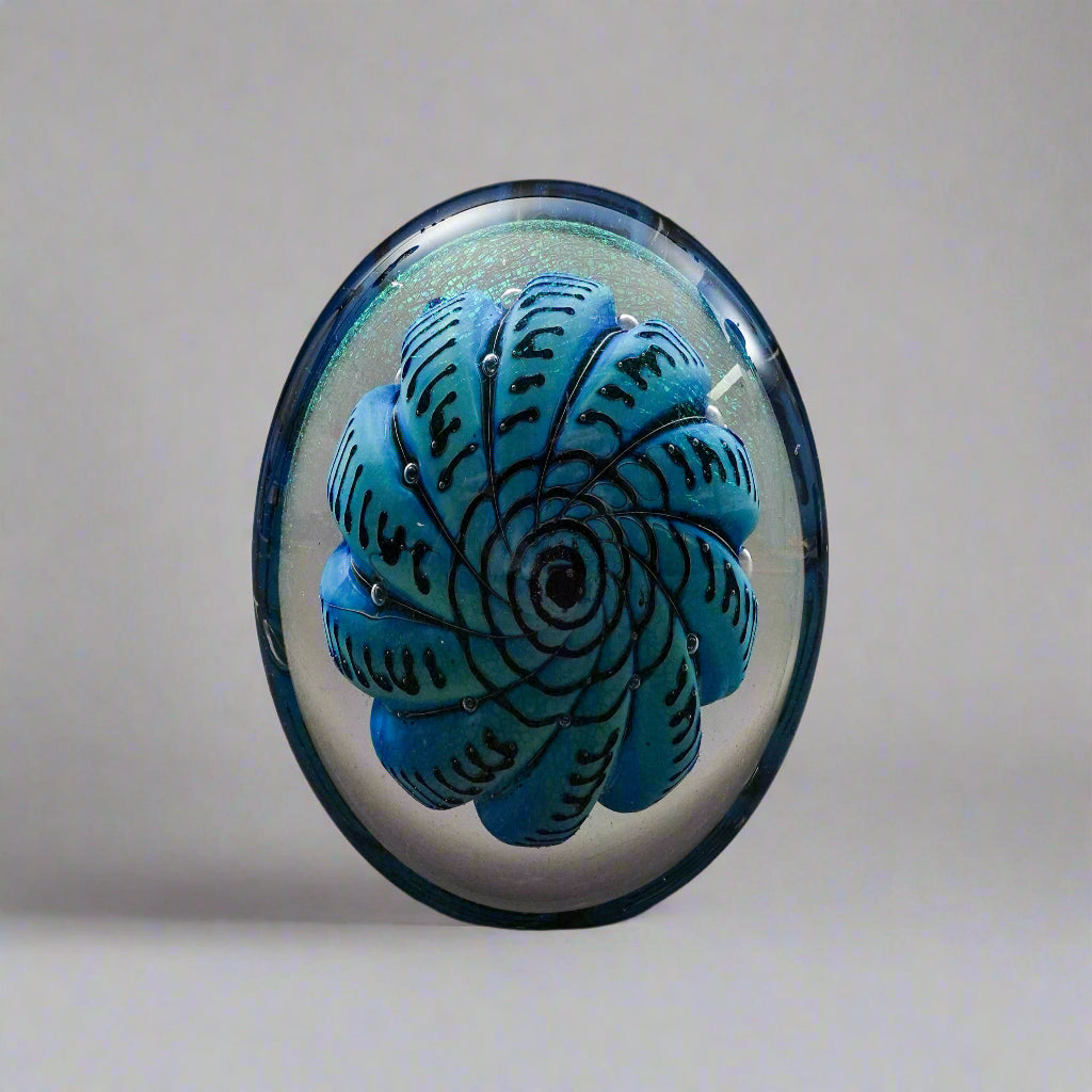 Robert Eickholt 1993 DNA Abstract Dichroic Iridescent Swirl Paperweight (Read)