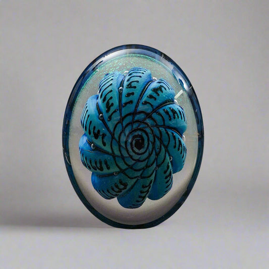 Robert Eickholt 1993 DNA Abstract Dichroic Iridescent Swirl Paperweight (Read)