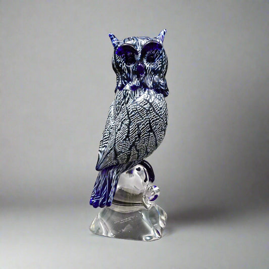 Seguso Viro Signed Large Blue & White Murano Glass Owl Figurine Sculpture 12"