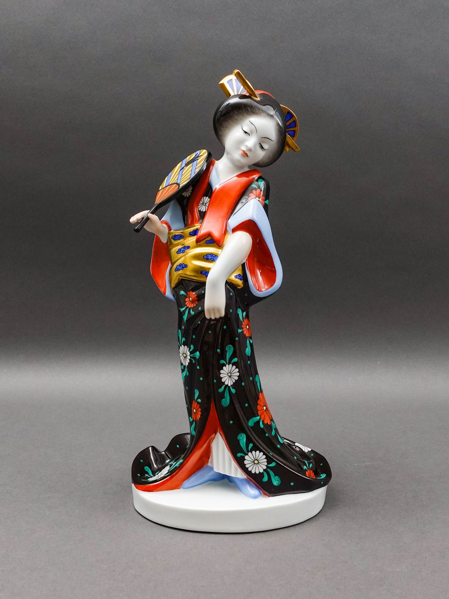 Herend Hungary Large Geisha Girl #5660 Black Kimono Porcelain Figurine 13 1/4"
