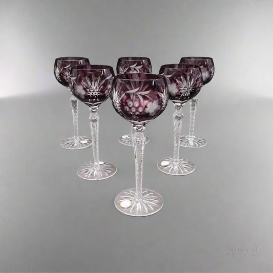 Ajka Marsala Purple Cut To Clear Crystal 8.25" Hock Wine Goblet Glasses Set Of 6