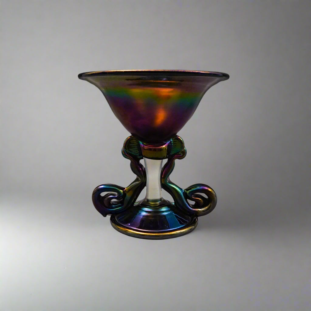 Kim Newcomb 1973 Signed Iridescent Art Glass Vase Pedestal Bowl Compote