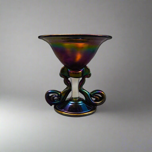Kim Newcomb 1973 Signed Iridescent Art Glass Vase Pedestal Bowl Compote