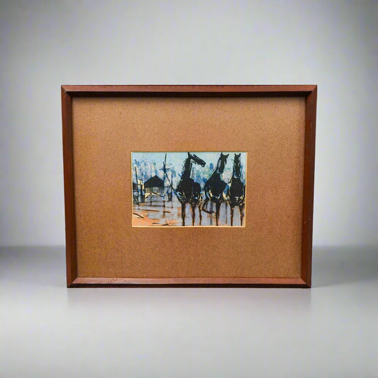 Shuzo Ikeda Japan Horses Scene Small Framed Woodblock Print