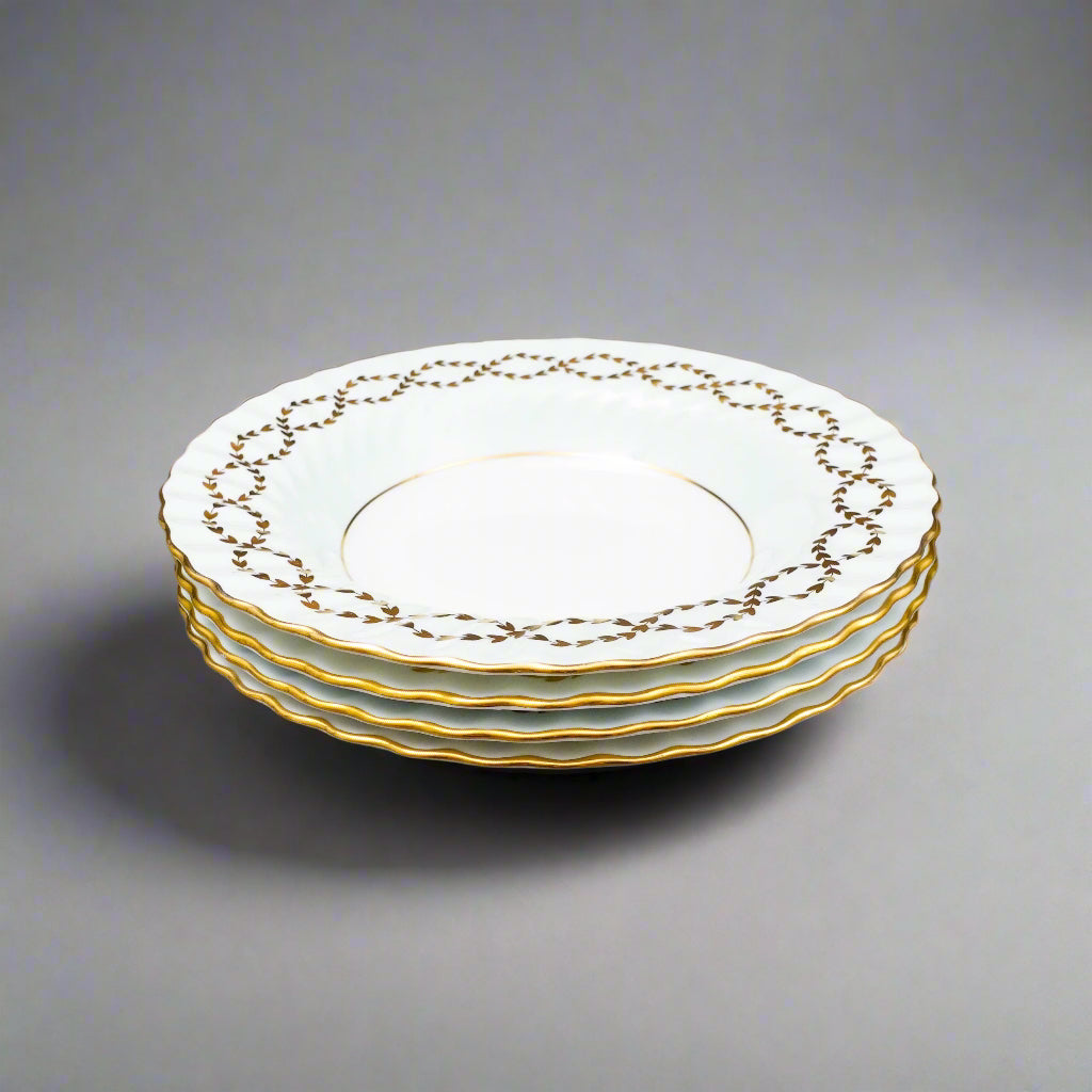 Minton England S600 Gold Leaves Light Blue Swirl Rimmed Soup Bowl Set Of 4