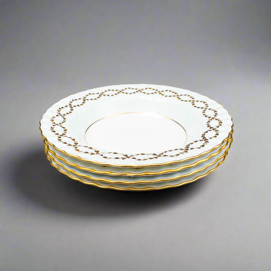 Minton England S600 Gold Leaves Light Blue Swirl Rimmed Soup Bowl Set Of 4