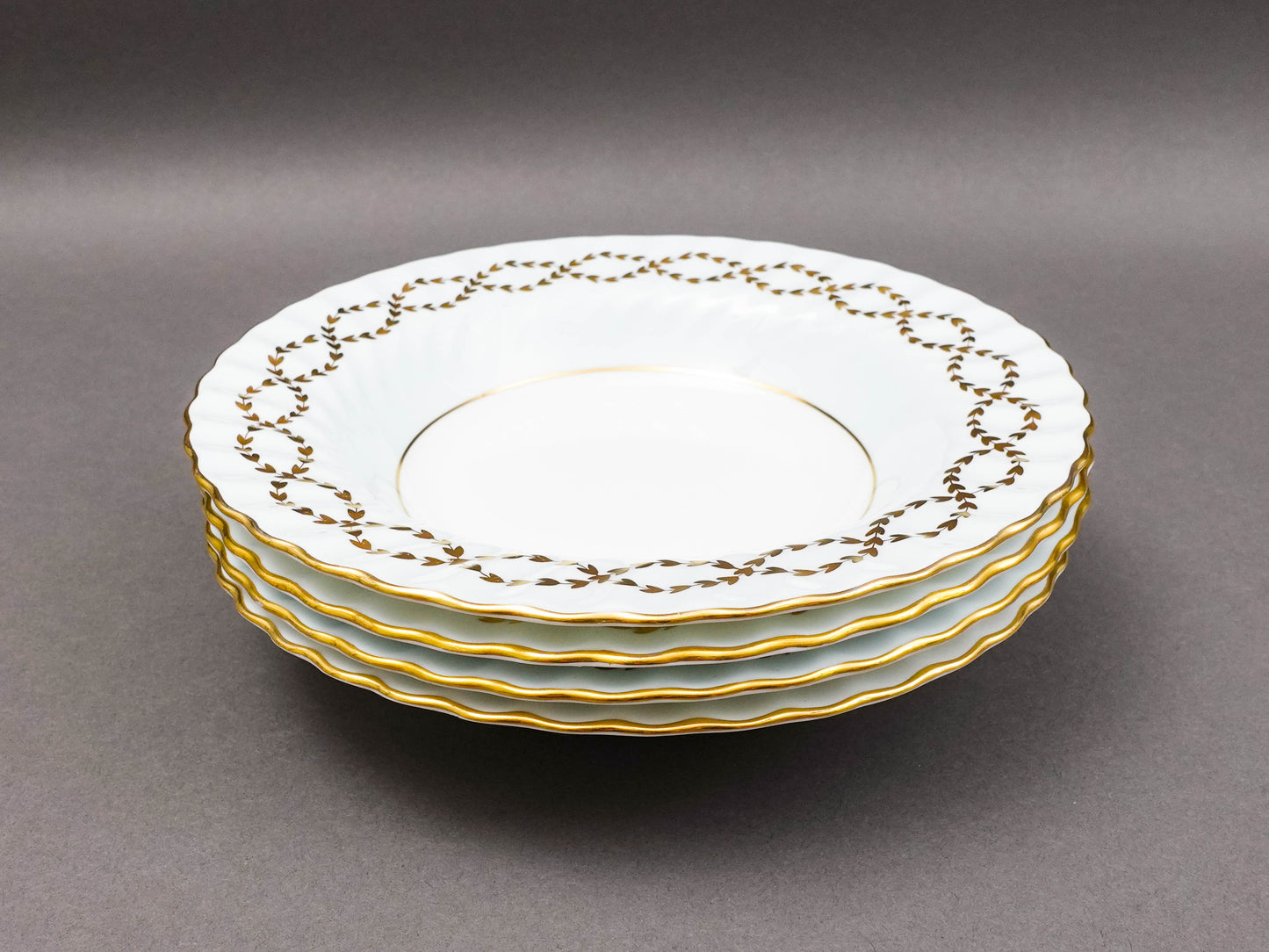 Minton England S600 Gold Leaves Light Blue Swirl Rimmed Soup Bowl Set Of 4