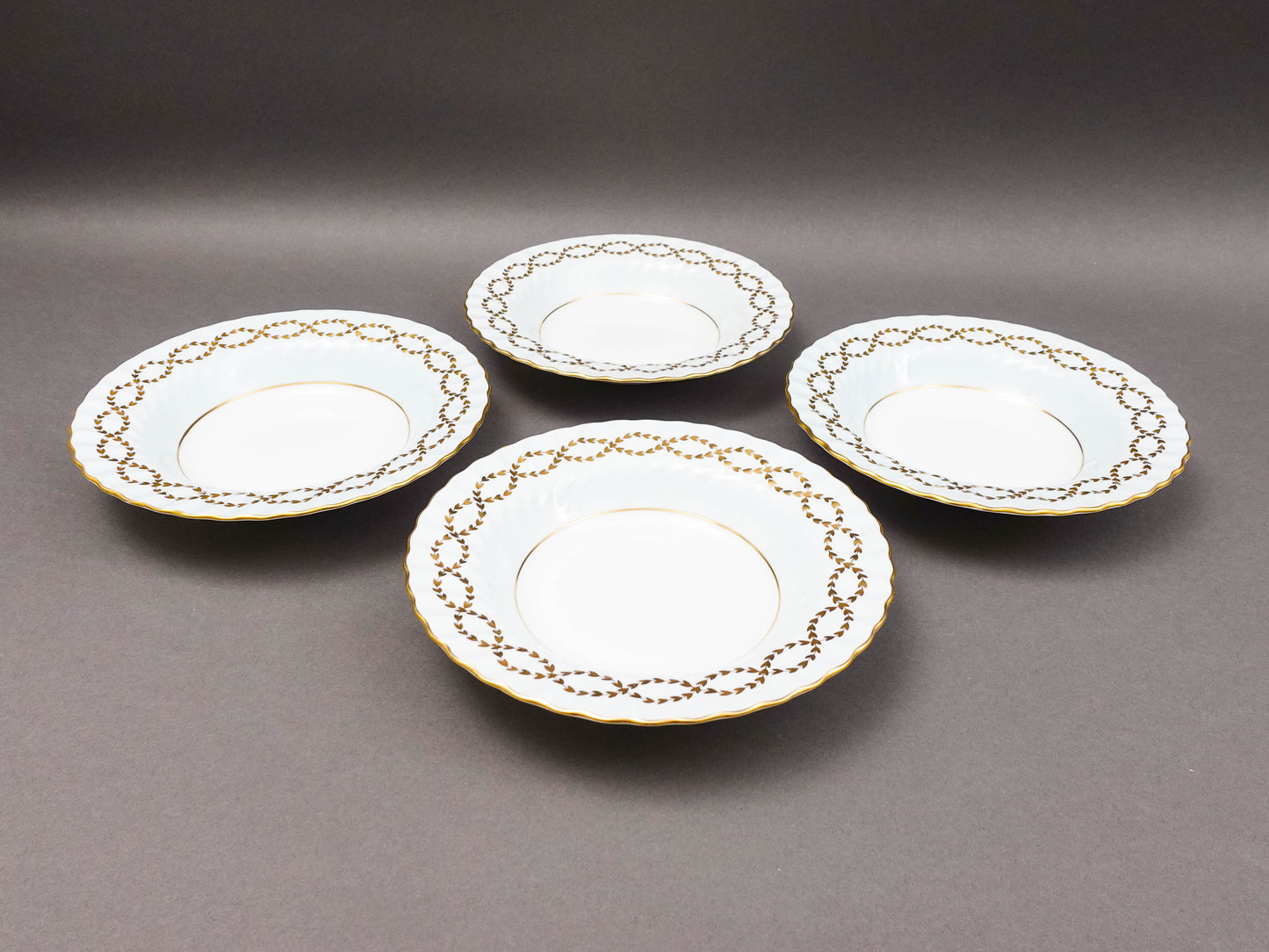 Minton England S600 Gold Leaves Light Blue Swirl Rimmed Soup Bowl Set Of 4