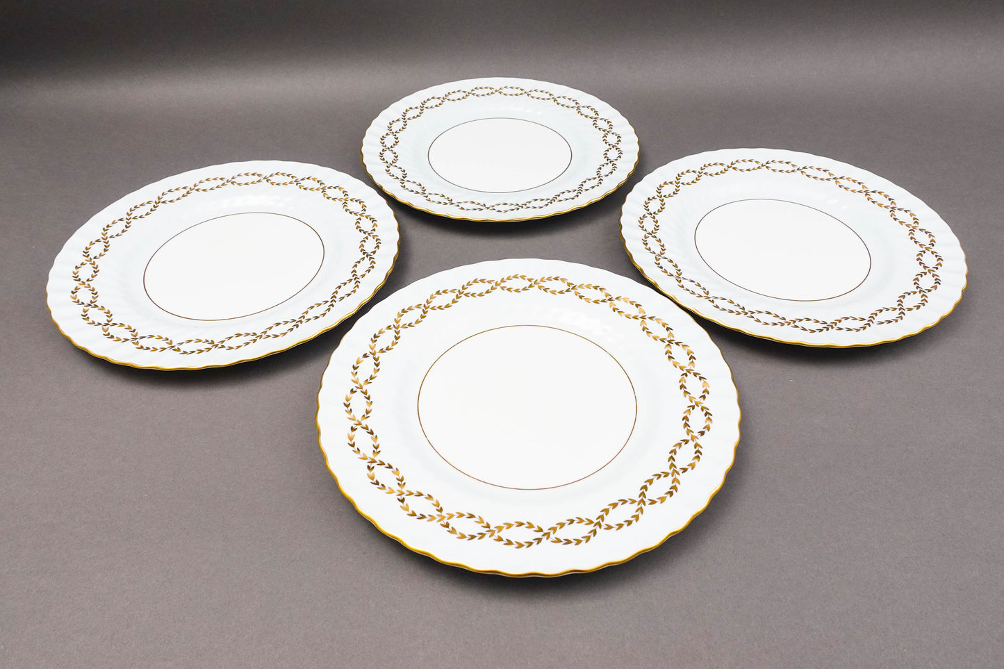Minton England S600 Gold Leaves Light Blue Swirl 10 5/8" Dinner Plate Set Of 4
