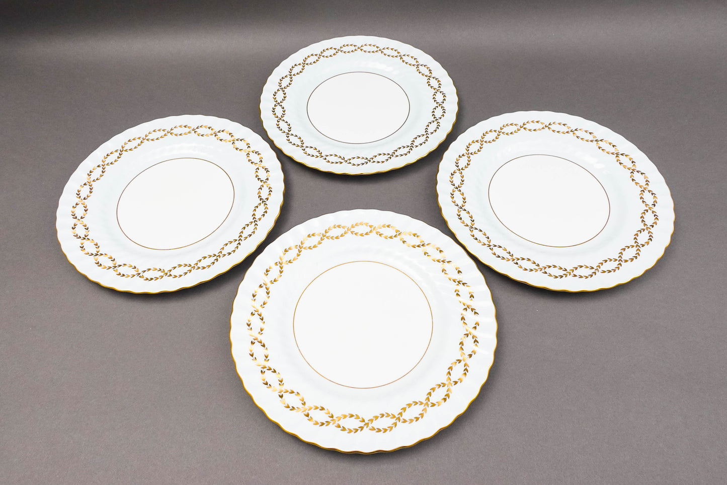 Minton England S600 Gold Leaves Light Blue Swirl 10 5/8" Dinner Plate Set Of 4