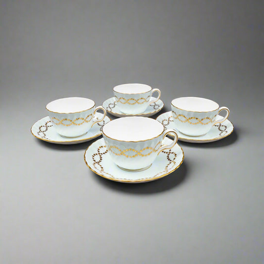 Minton England S600 Gold Laurel Leaves Light Blue Tea Cup & Saucer Set Of 4
