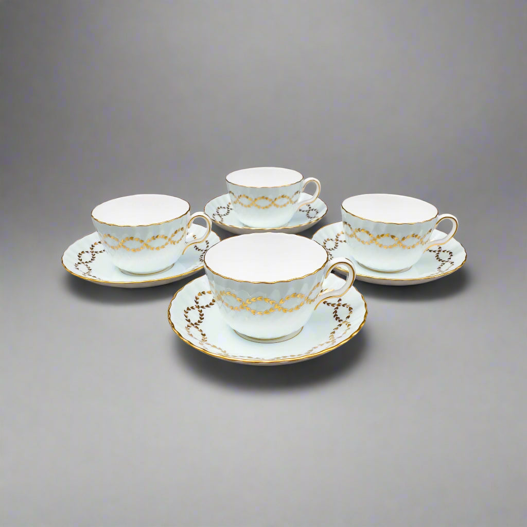 Minton England S600 Gold Laurel Leaves Light Blue Tea Cup & Saucer Set Of 4