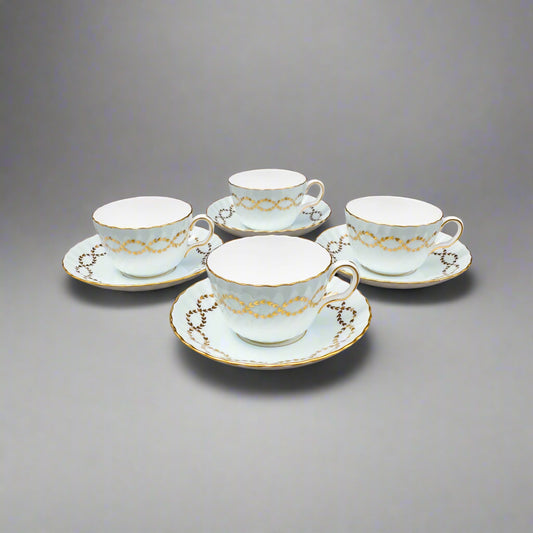 Minton England S600 Gold Laurel Leaves Light Blue Tea Cup & Saucer Set Of 4