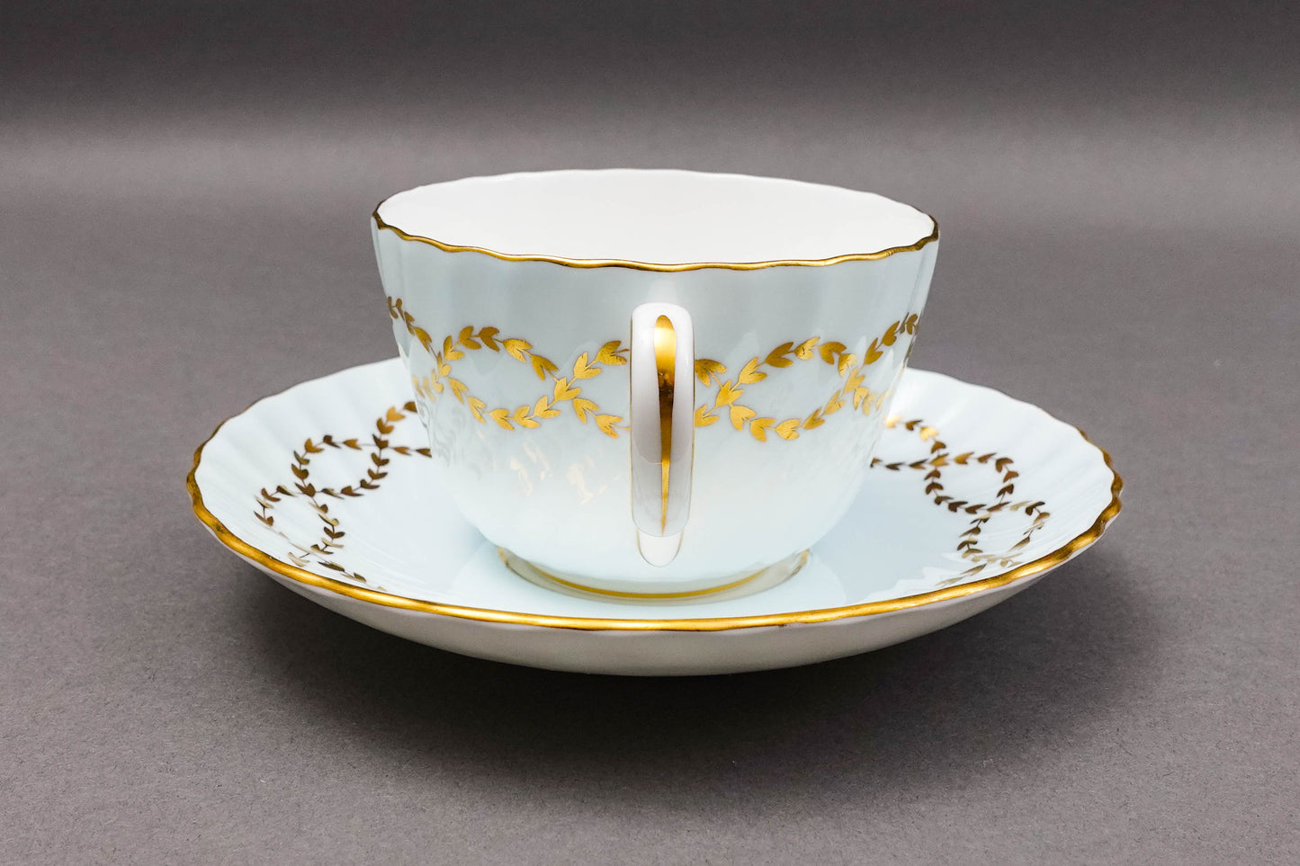 Minton England S600 Gold Laurel Leaves Light Blue Tea Cup & Saucer Set Of 4