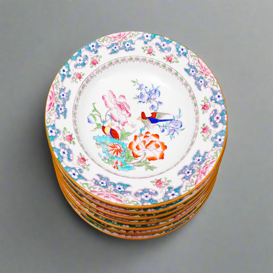Minton England For Tiffany & Co. B894 Floral Bird Rimmed Soup Bowl Set Of 7