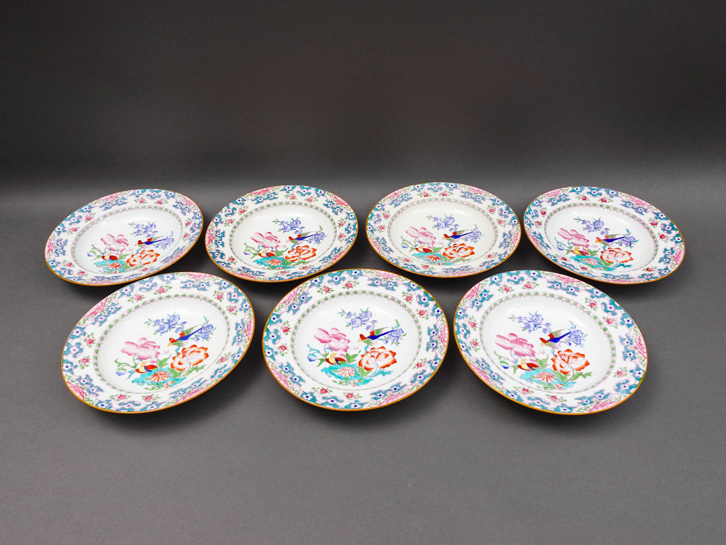 Minton England For Tiffany & Co. B894 Floral Bird Rimmed Soup Bowl Set Of 7