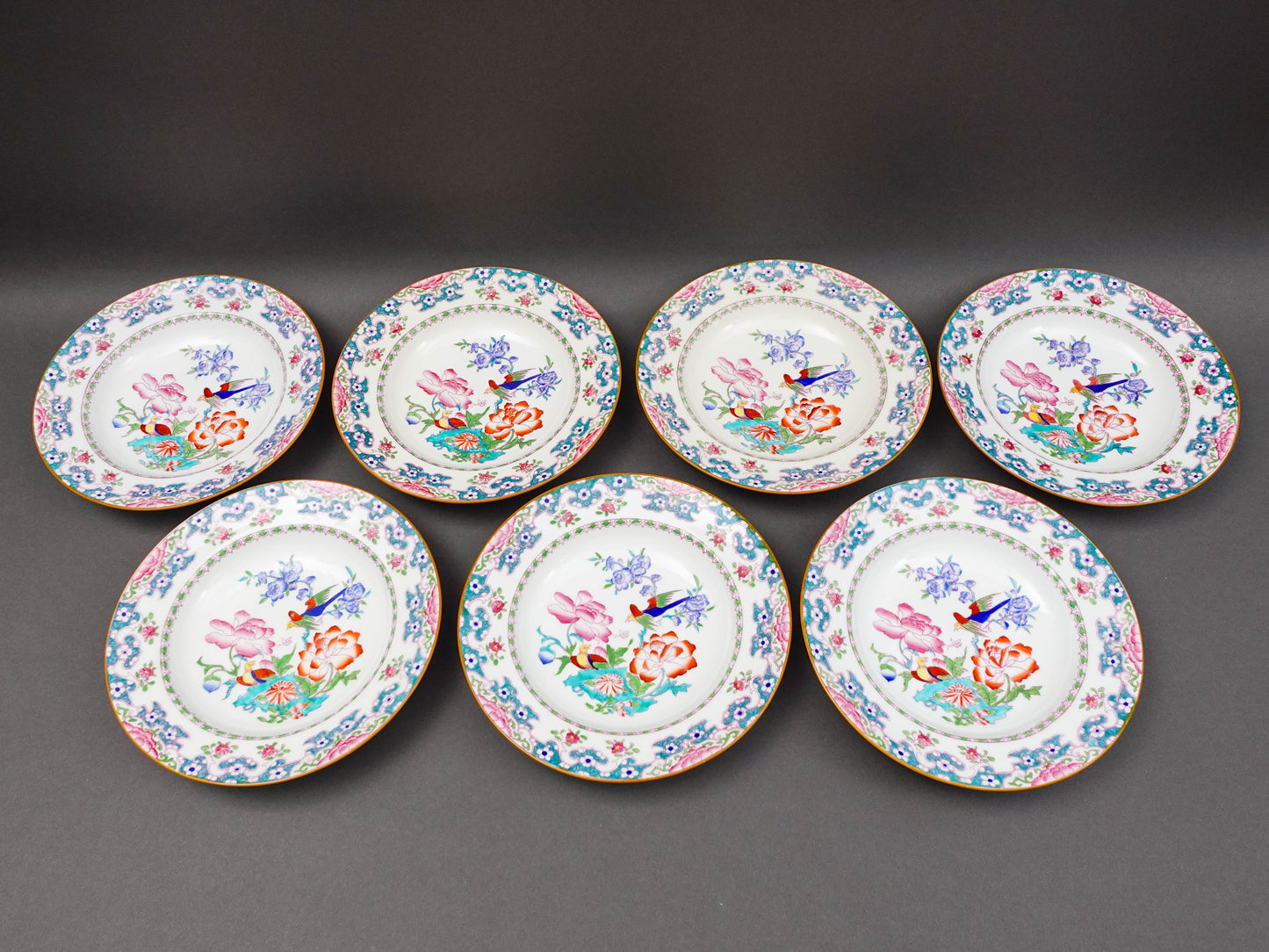 Minton England For Tiffany & Co. B894 Floral Bird Rimmed Soup Bowl Set Of 7