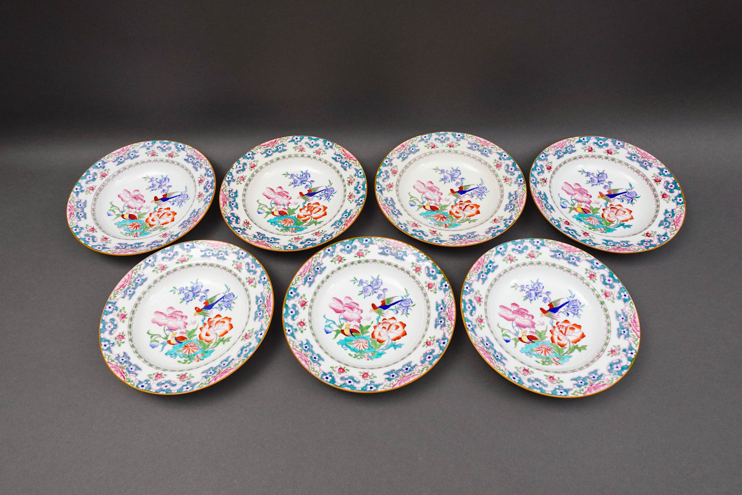 Minton England For Tiffany & Co. B894 Floral Bird Rimmed Soup Bowl Set Of 7