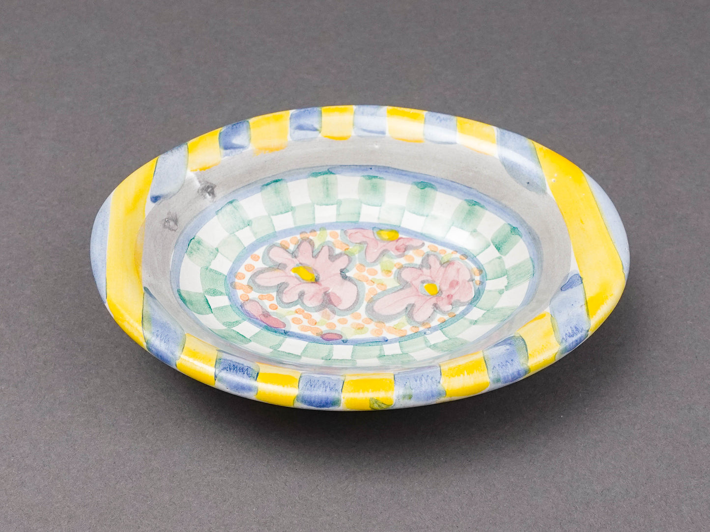 MacKenzie Childs Myrtle Floral Small Oval Trinket Soap Dish 6.25"