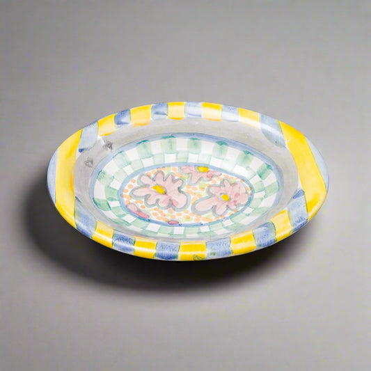 MacKenzie Childs Myrtle Floral Small Oval Trinket Soap Dish 6.25"
