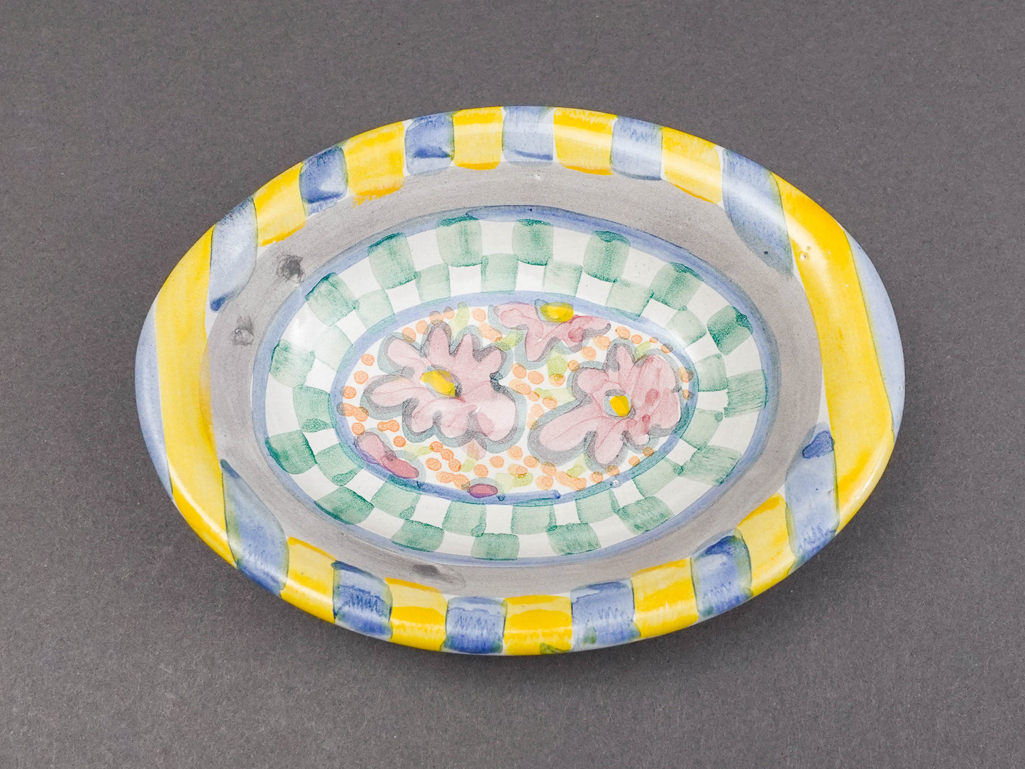 MacKenzie Childs Myrtle Floral Small Oval Trinket Soap Dish 6.25"
