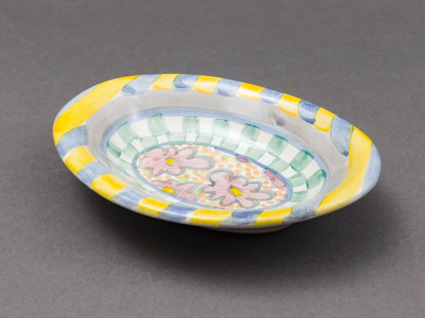 MacKenzie Childs Myrtle Floral Small Oval Trinket Soap Dish 6.25"