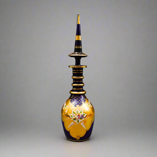 Bohemian Czech Cobalt Blue Hand Painted Floral Gold Gilt Glass Decanter 20 3/4"