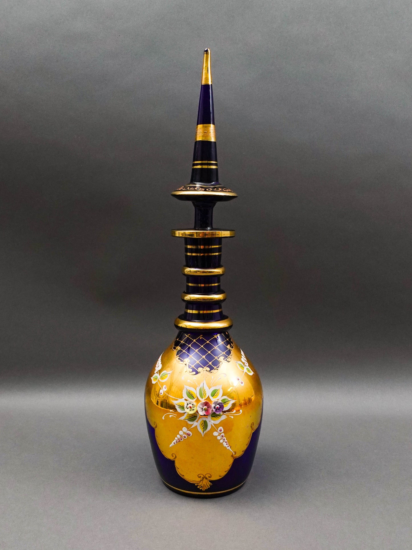 Bohemian Czech Cobalt Blue Hand Painted Floral Gold Gilt Glass Decanter 20 3/4"
