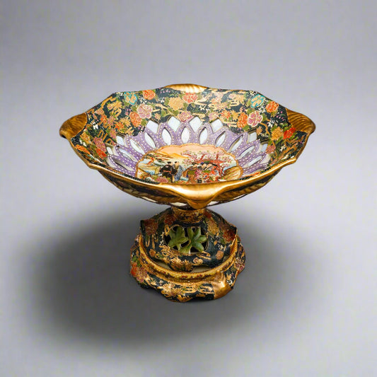 Royal Satsuma Handpainted Moriage Reticulated Pedestal Centerpiece Bowl Compote