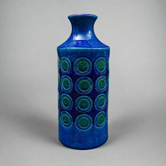 Bitossi Italy Aldo Londi Rimini MCM Blue Glazed Circles Art Pottery Vase 11 3/4"