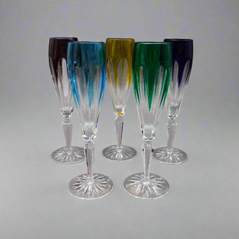 Faberge Crystal Lausanne Multicolored Champagne Flute Glasses Set Of 5
