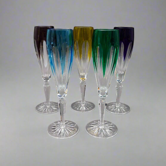 Faberge Crystal Lausanne Multicolored Champagne Flute Glasses Set Of 5