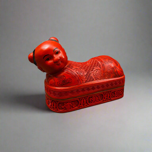 Antique Chinese Large Fine Carved Cinnabar Lacquer Boy Pillow Headrest Box Rare