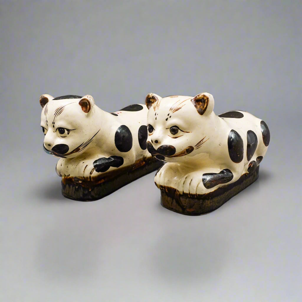 Antique Chinese Large Hand Painted Cat Cizhou Stoneware Pillow Headrest Pair